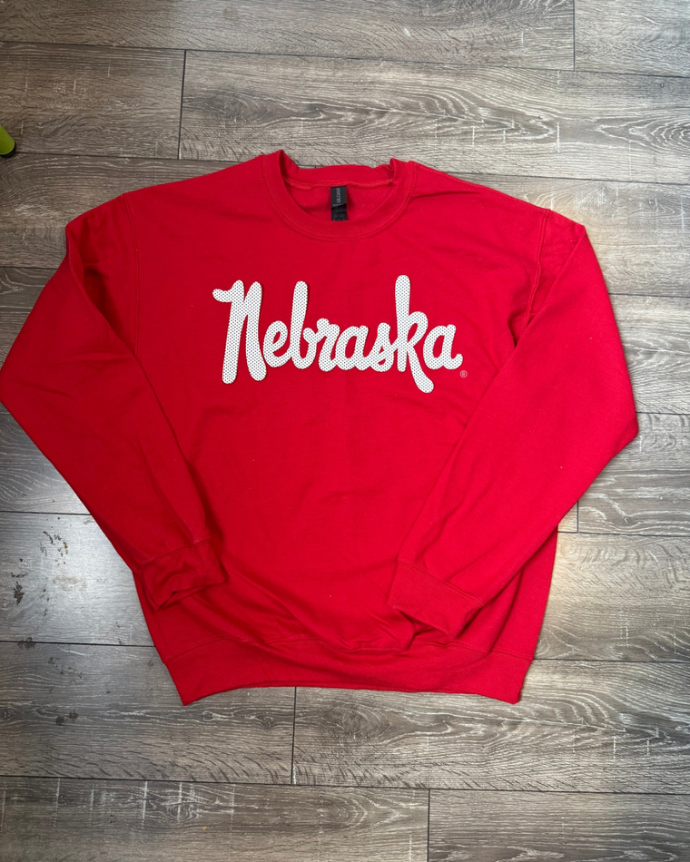WHITE/BLACK POLKA DOT VINTAGE NEBRASKA - RED CREWNECK