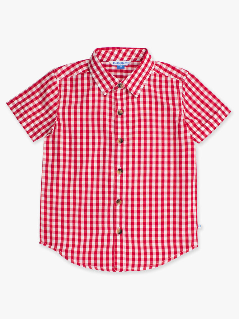 RuffleButts + RuggedButts - Boys Classic Red Gingham Short Sleeve Button Down Shirt: Red / 18-24m