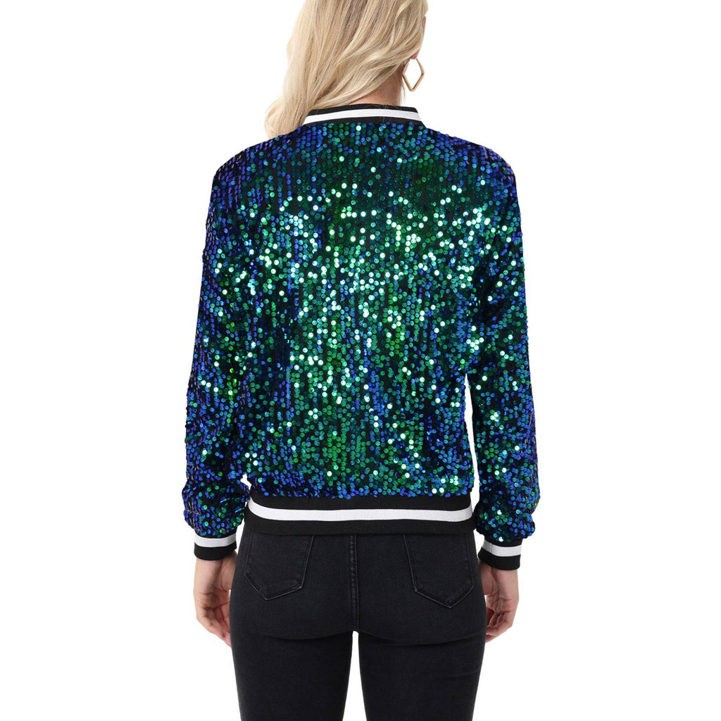 Anna Kaci Wholesale - Game Day Sequin Bomber Jacket with Ribbed Trim and Front Zip: Red / XL 16-18