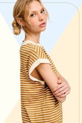 La Miel - JDT7710-Nautical Cap Sleeve Striped Top: Goji Berry / L