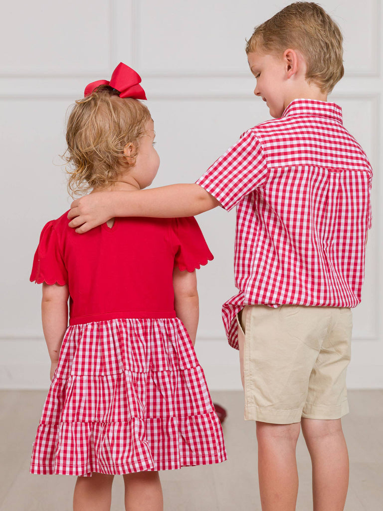 RuffleButts + RuggedButts - Boys Classic Red Gingham Short Sleeve Button Down Shirt: Red / 5