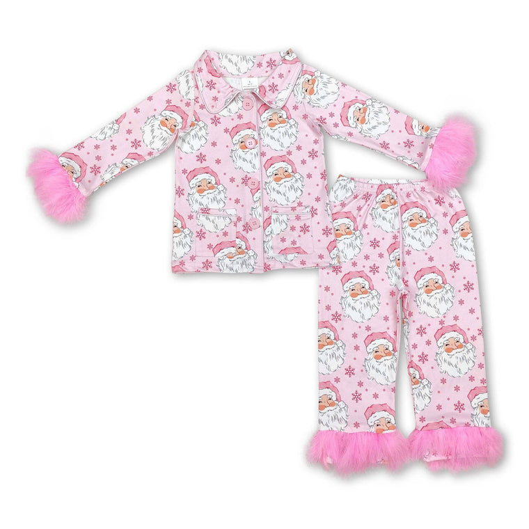 Yawoo Garments - Pink santa fur sleeves button down girls Christmas pajamas: Kids pajamas / 5-6T