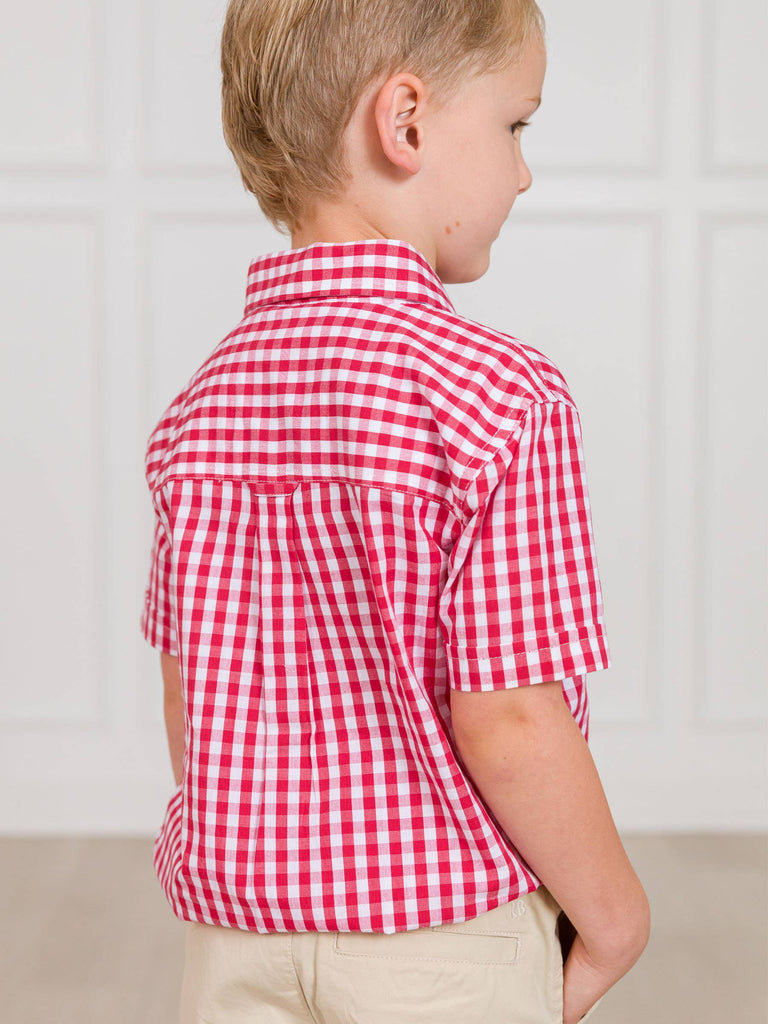 RuffleButts + RuggedButts - Boys Classic Red Gingham Short Sleeve Button Down Shirt: Red / 3T