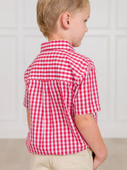 RuffleButts + RuggedButts - Boys Classic Red Gingham Short Sleeve Button Down Shirt: Red / 18-24m