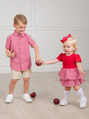 RuffleButts + RuggedButts - Baby Girls Classic Red Gingham Short Sleeve Skirted Romper: Red / 0-3m