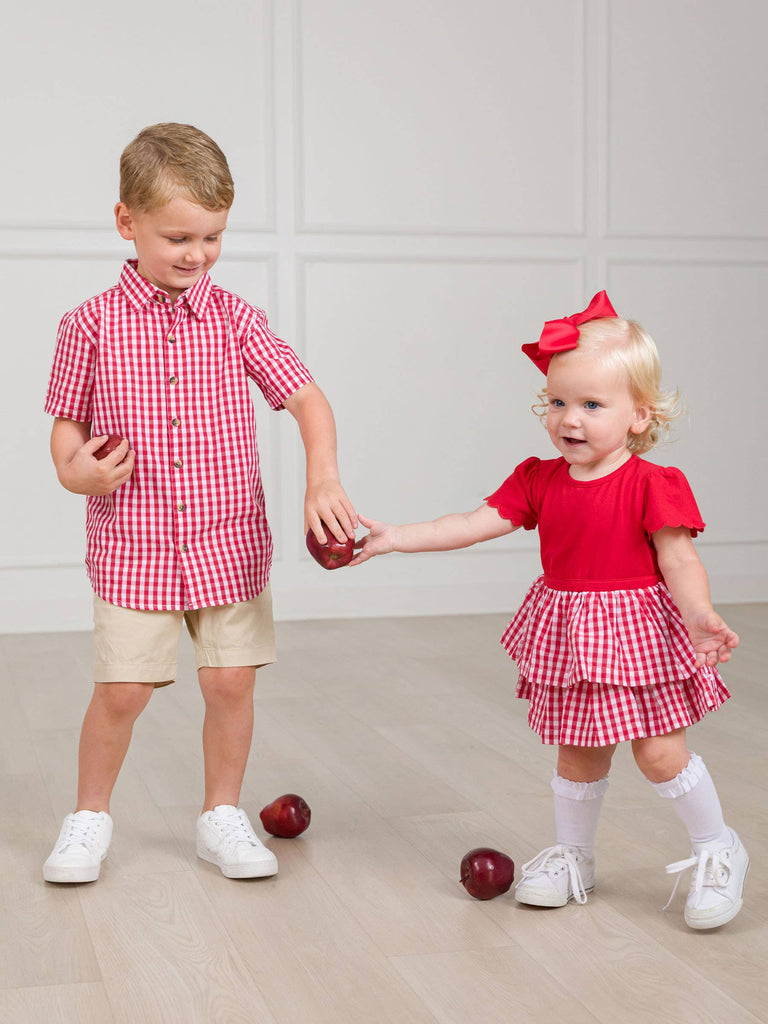 RuffleButts + RuggedButts - Baby Girls Classic Red Gingham Short Sleeve Skirted Romper: Red / 18-24m