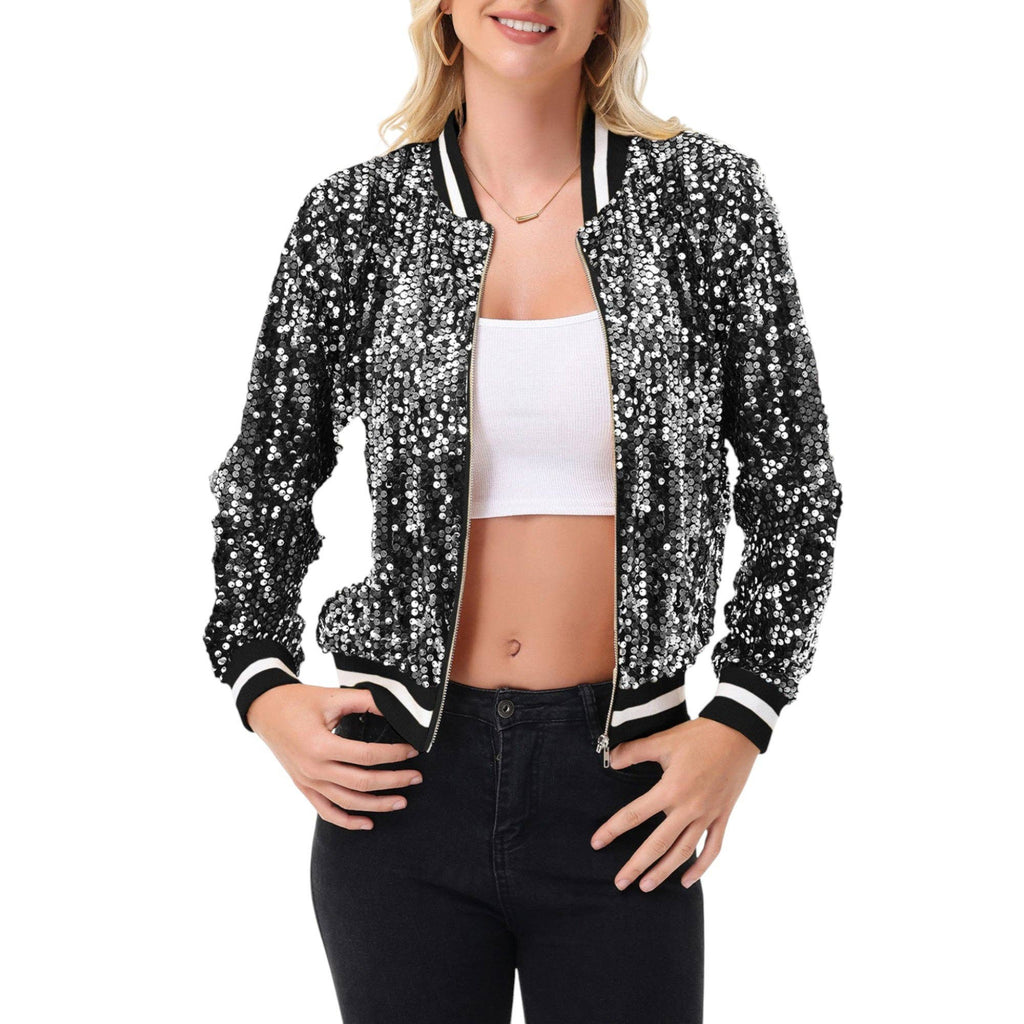 Anna Kaci Wholesale - Game Day Sequin Bomber Jacket with Ribbed Trim and Front Zip: Red / Medium 8-10