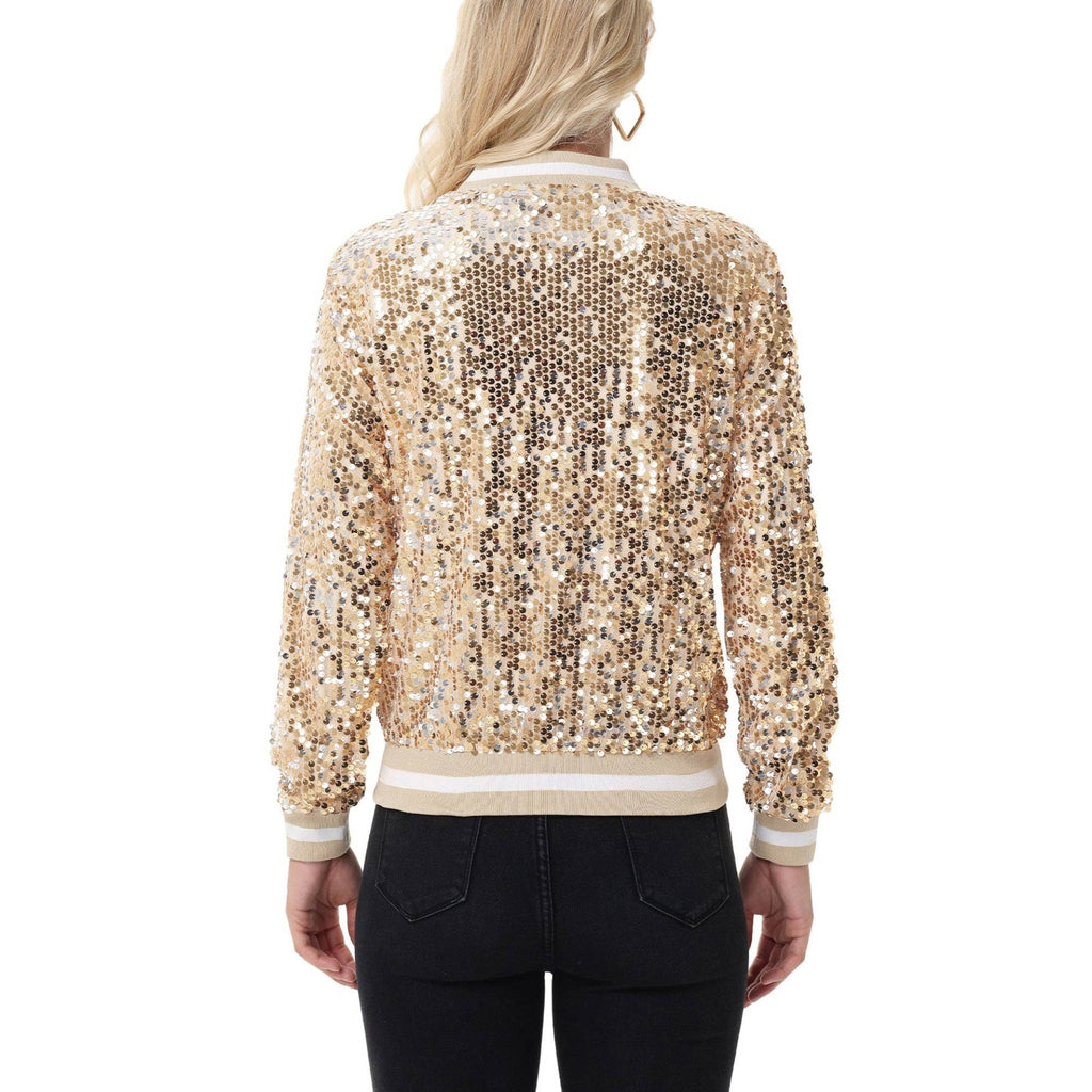 Anna Kaci Wholesale - Game Day Sequin Bomber Jacket with Ribbed Trim and Front Zip: Red / Medium 8-10