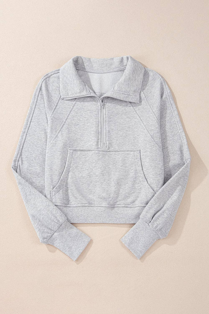 Pretty Bash - Quarter Zip Kangaroo Pocket Sweatshirt: Light Grey / L