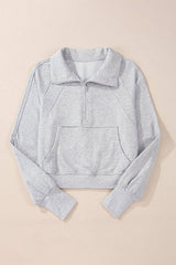 Pretty Bash - Quarter Zip Kangaroo Pocket Sweatshirt: Light Grey / XL