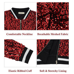 Anna Kaci Wholesale - Game Day Sequin Bomber Jacket with Ribbed Trim and Front Zip: Red / Medium 8-10