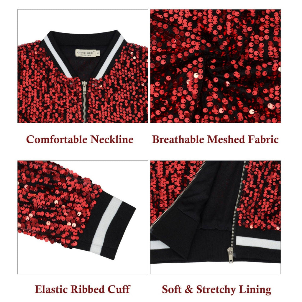 Anna Kaci Wholesale - Game Day Sequin Bomber Jacket with Ribbed Trim and Front Zip: Red / XL 16-18