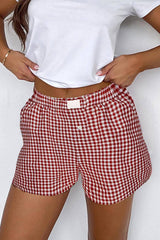 Lovesoft - Red Plaid Gingham Printed High Waist Shorts: Red Stripe / 100%Polyester / XL