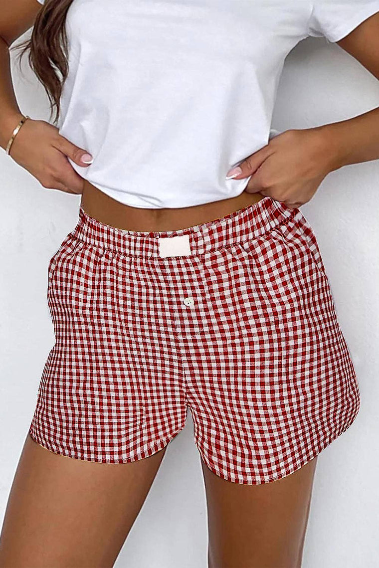 Lovesoft - Red Plaid Gingham Printed High Waist Shorts: Red Stripe / 100%Polyester / XL