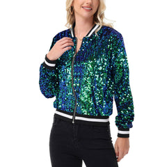 Anna Kaci Wholesale - Game Day Sequin Bomber Jacket with Ribbed Trim and Front Zip: Red / Small 4-6