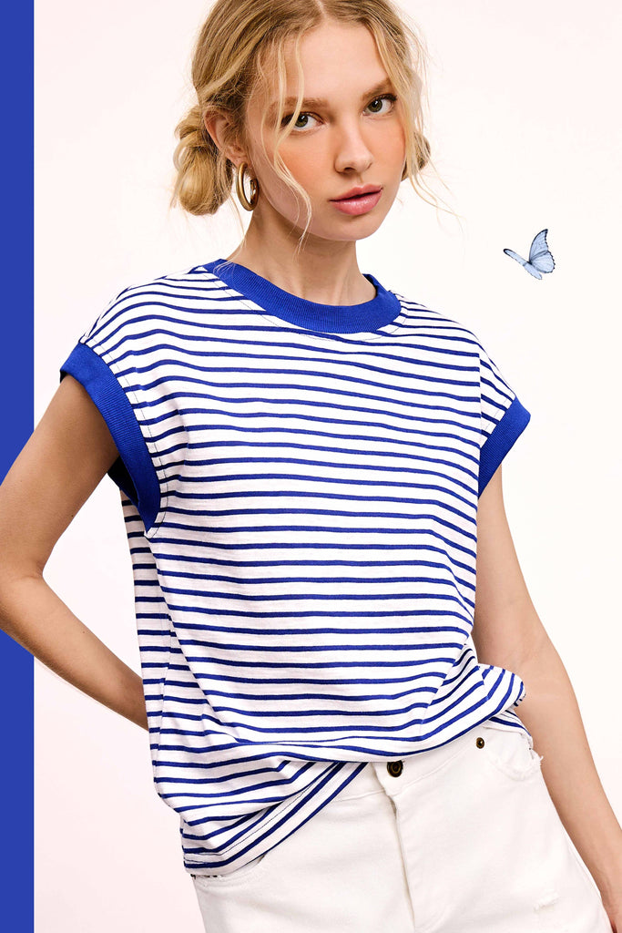 La Miel - JDT7710-Nautical Cap Sleeve Striped Top: Goji Berry / L