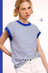La Miel - JDT7710-Nautical Cap Sleeve Striped Top: Goji Berry / M