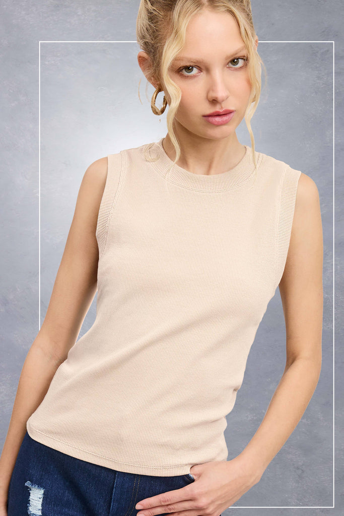 La Miel - HUT7340-Basic Ribbed Sleeveless Crew Mock Neck Tank Top: Onyx / M