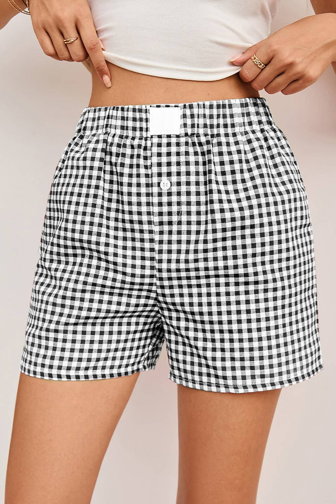 Lovesoft - Red Plaid Gingham Printed High Waist Shorts: Red Stripe / 100%Polyester / L