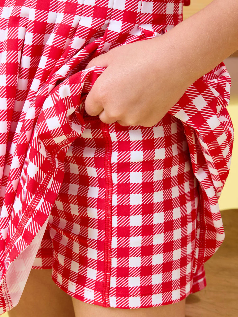 RuffleButts + RuggedButts - Girls Red Gingham Pleated Skirt Active Dress & Bike Short Set: Red / 5