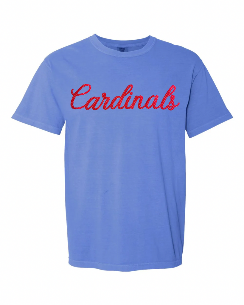RED POLKA DOT CARDINALS - FLO BLUE TEE (YOUTH + ADULT)