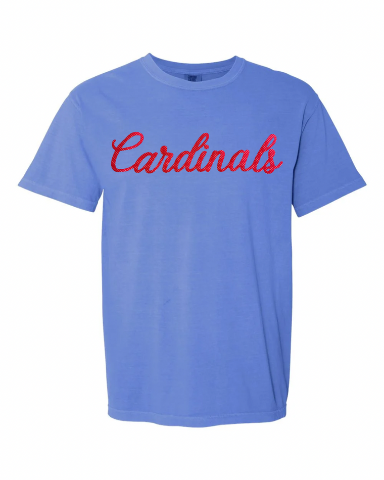 RED POLKA DOT CARDINALS - FLO BLUE TEE (YOUTH + ADULT)