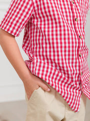 RuffleButts + RuggedButts - Boys Classic Red Gingham Short Sleeve Button Down Shirt: Red / 5