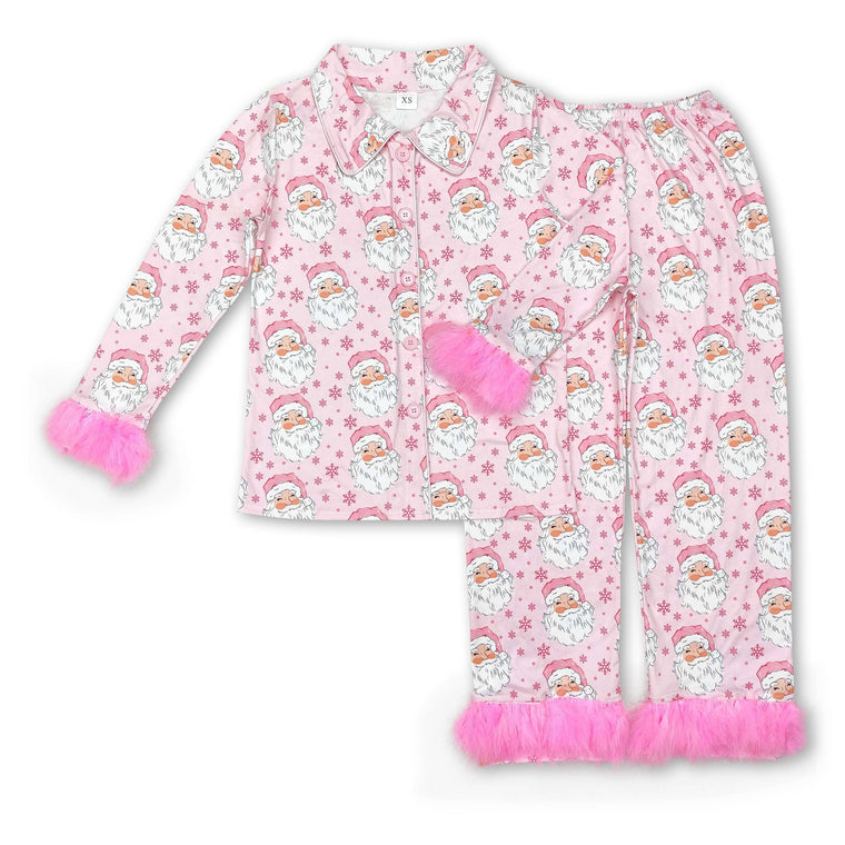 Yawoo Garments - Pink santa fur sleeves button down girls Christmas pajamas: Kids pajamas / 2T