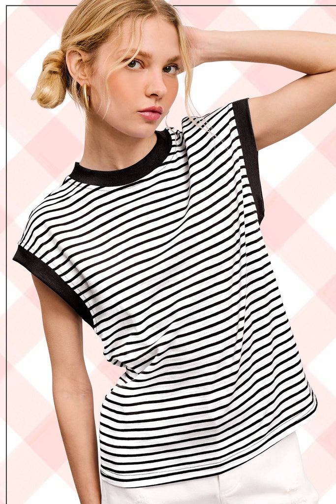 La Miel - JDT7710-Nautical Cap Sleeve Striped Top: Goji Berry / M