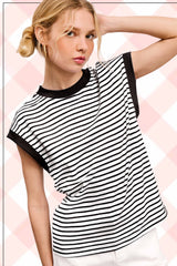 La Miel - JDT7710-Nautical Cap Sleeve Striped Top: Goji Berry / L