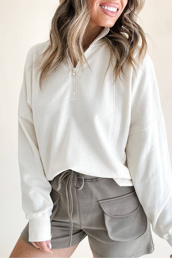 Pretty Bash - Quarter Zipped Neck Pullover Sweatshirt: White / M