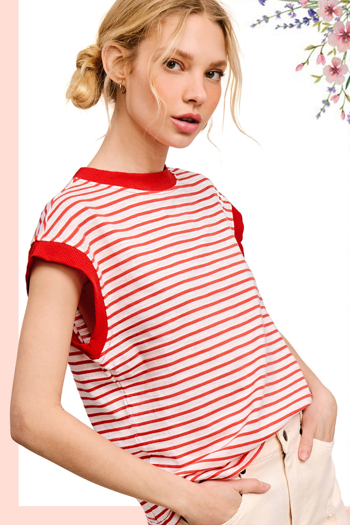 La Miel - JDT7710-Nautical Cap Sleeve Striped Top: Goji Berry / S
