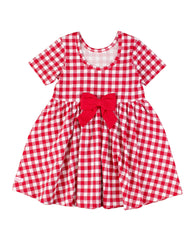 RuffleButts + RuggedButts - Girls Red Gingham Short Sleeve Knit Twirl Dress: Red / 18-24m