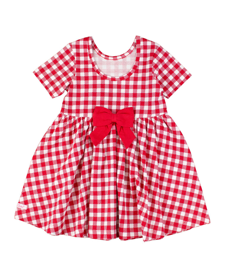 RuffleButts + RuggedButts - Girls Red Gingham Short Sleeve Knit Twirl Dress: Red / 18-24m