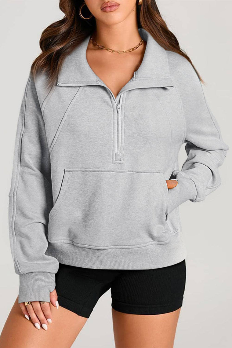 Pretty Bash - Quarter Zip Kangaroo Pocket Sweatshirt: Light Grey / S