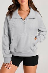Pretty Bash - Quarter Zip Kangaroo Pocket Sweatshirt: Light Grey / XL