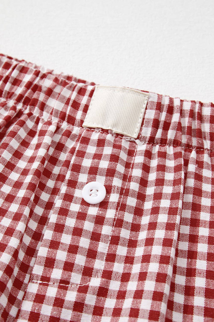 Lovesoft - Red Plaid Gingham Printed High Waist Shorts: Red Stripe / 100%Polyester / L