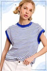 La Miel - JDT7710-Nautical Cap Sleeve Striped Top: Goji Berry / S