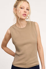 La Miel - HUT7340-Basic Ribbed Sleeveless Crew Mock Neck Tank Top: Marble / L