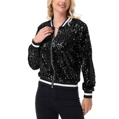 Anna Kaci Wholesale - Game Day Sequin Bomber Jacket with Ribbed Trim and Front Zip: Red / Small 4-6