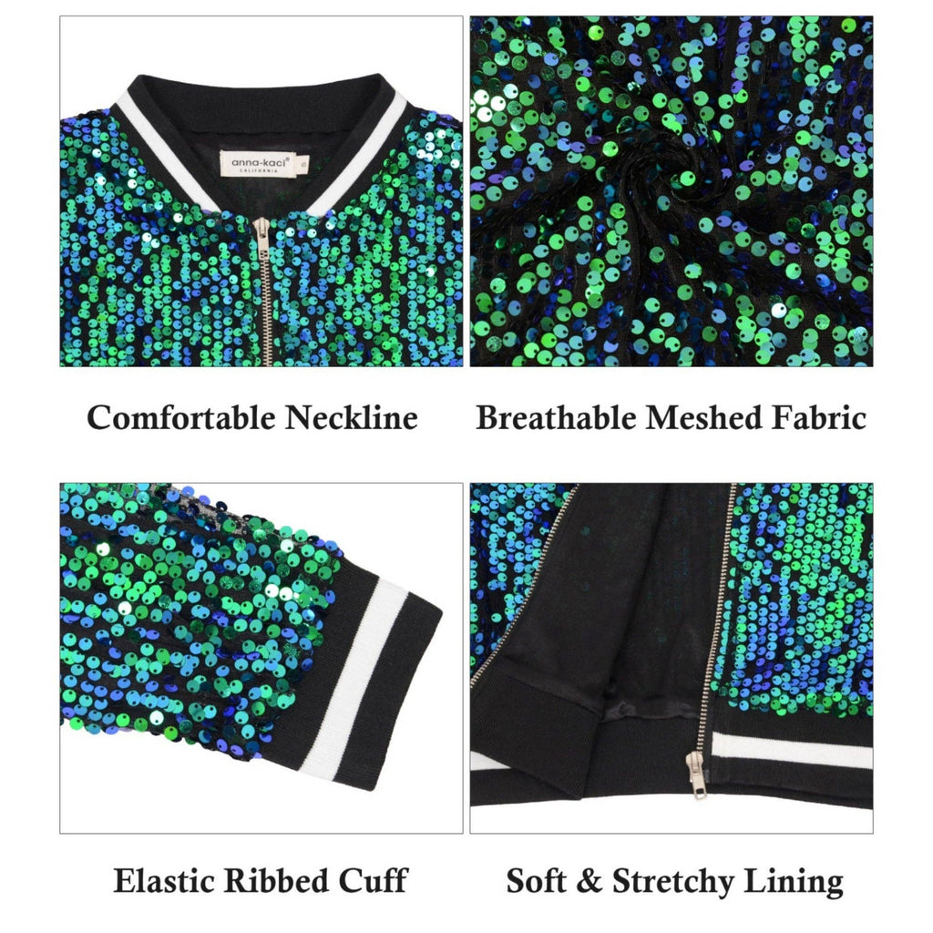 Anna Kaci Wholesale - Game Day Sequin Bomber Jacket with Ribbed Trim and Front Zip: Red / XL 16-18