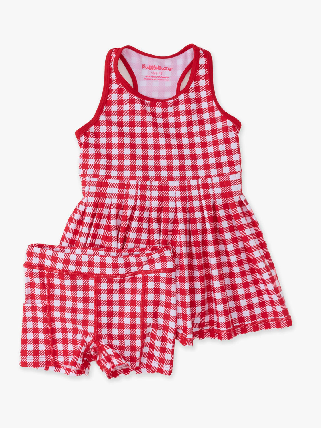RuffleButts + RuggedButts - Girls Red Gingham Pleated Skirt Active Dress & Bike Short Set: Red / 6