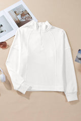 Pretty Bash - Quarter Zipped Neck Pullover Sweatshirt: White / M