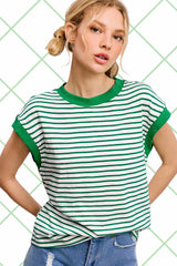 La Miel - JDT7710-Nautical Cap Sleeve Striped Top: Goji Berry / M