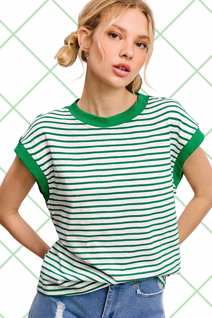 La Miel - JDT7710-Nautical Cap Sleeve Striped Top: Goji Berry / L