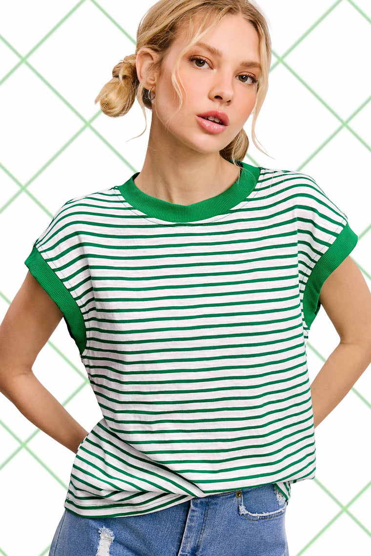 La Miel - JDT7710-Nautical Cap Sleeve Striped Top: Goji Berry / M