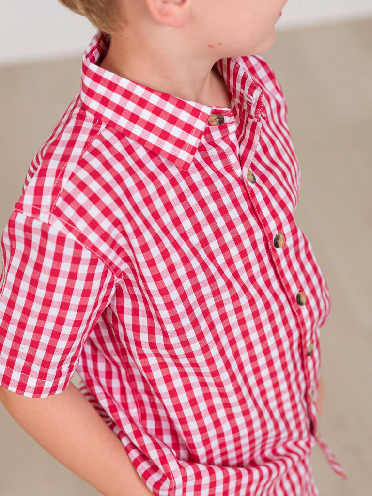 RuffleButts + RuggedButts - Boys Classic Red Gingham Short Sleeve Button Down Shirt: Red / 12-18m