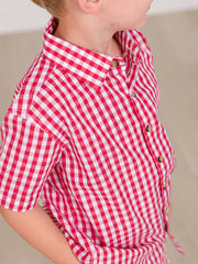 RuffleButts + RuggedButts - Boys Classic Red Gingham Short Sleeve Button Down Shirt: Red / 12-18m