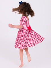 RuffleButts + RuggedButts - Girls Red Gingham Short Sleeve Knit Twirl Dress: Red / 2T