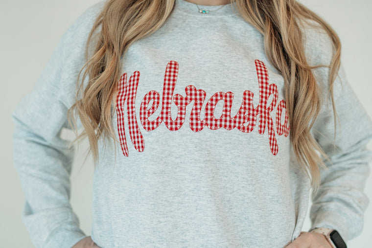 VINTAGE NEBRASKA (red gingham) - ASH CREWNECK